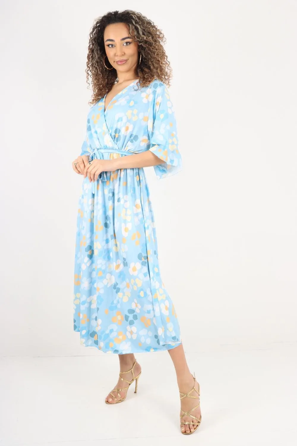 Elasticated Waist Floral Print Wrap Over  Maxi Dress