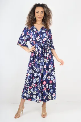 Elasticated Waist Floral Print Wrap Over  Maxi Dress