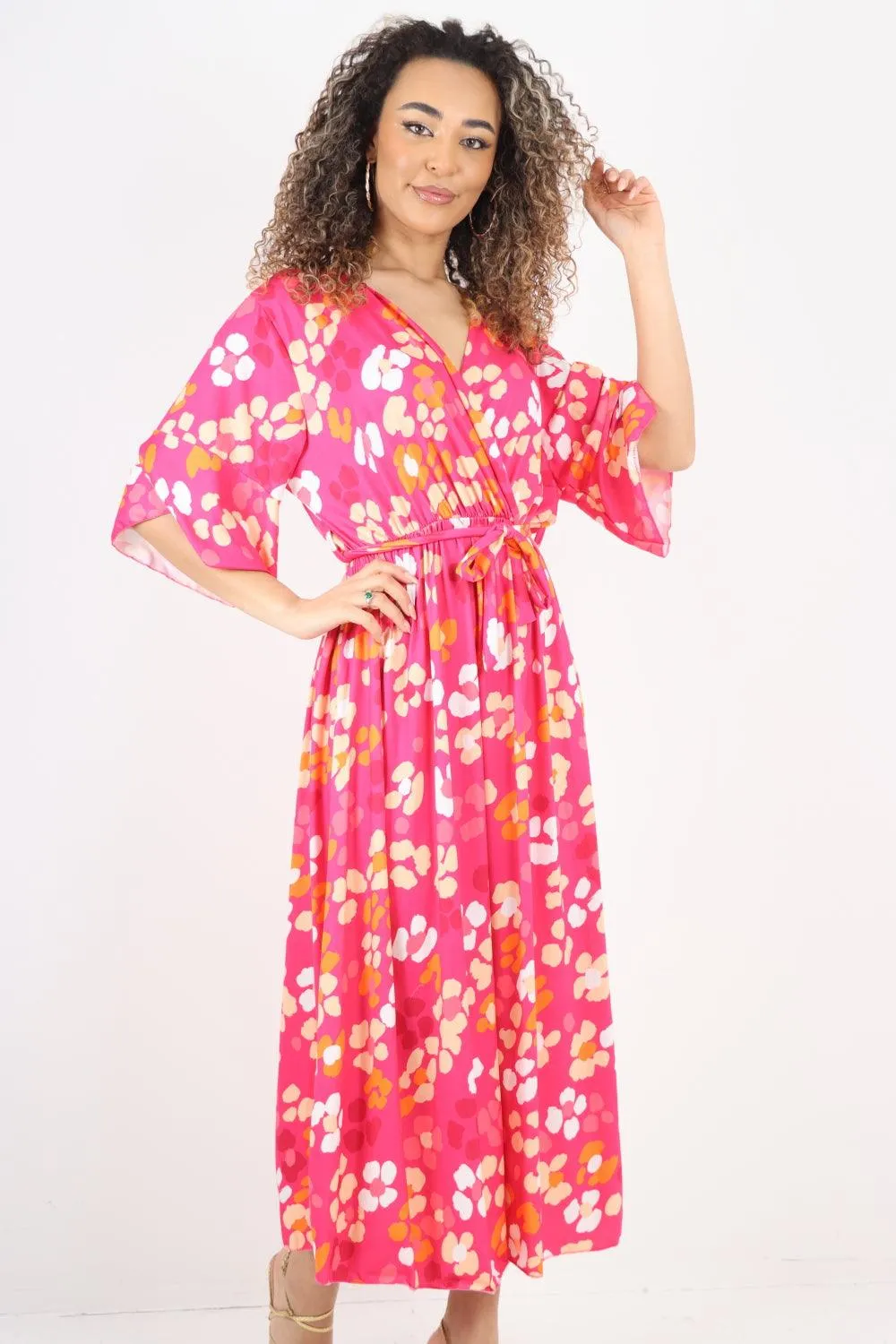 Elasticated Waist Floral Print Wrap Over  Maxi Dress