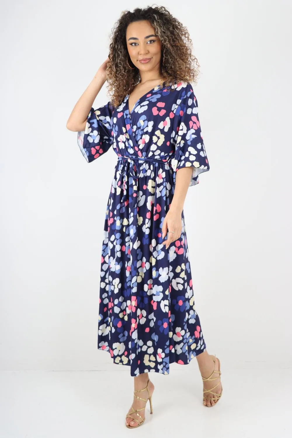 Elasticated Waist Floral Print Wrap Over  Maxi Dress