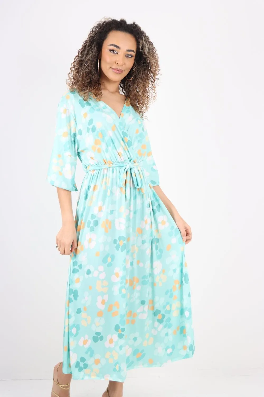 Elasticated Waist Floral Print Wrap Over  Maxi Dress