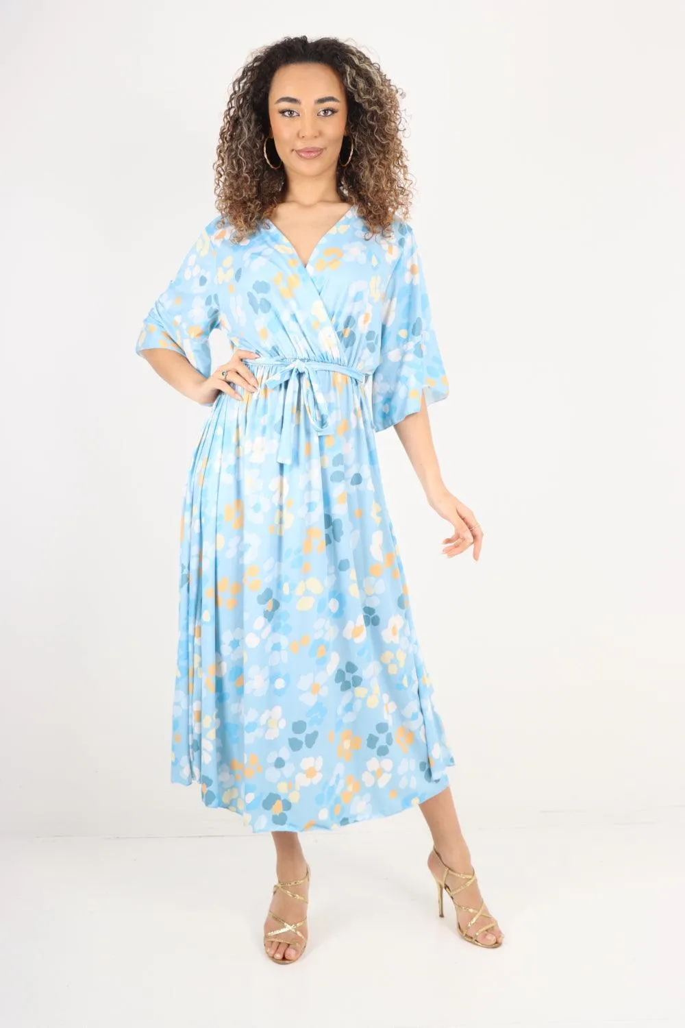 Elasticated Waist Floral Print Wrap Over  Maxi Dress