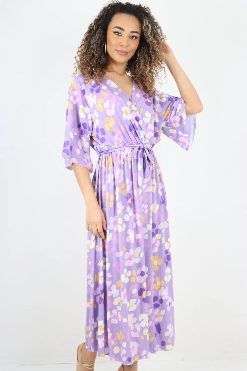 Elasticated Waist Floral Print Wrap Over  Maxi Dress