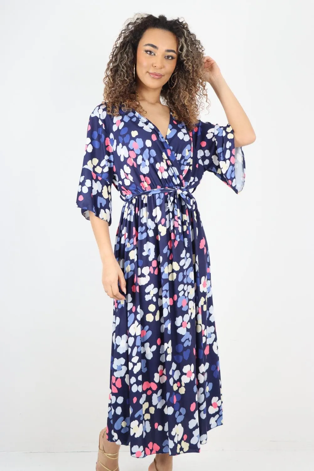 Elasticated Waist Floral Print Wrap Over  Maxi Dress