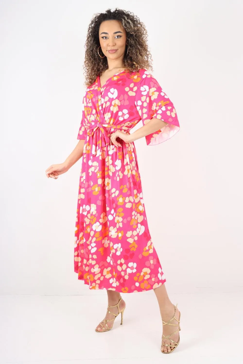 Elasticated Waist Floral Print Wrap Over  Maxi Dress