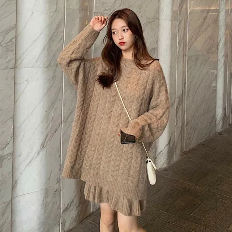 Elegantly Preppy: Pure Color Cable Knit Sweater and Flouncing Skirt Set