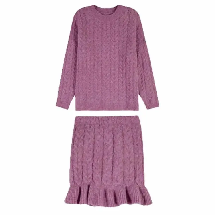 Elegantly Preppy: Pure Color Cable Knit Sweater and Flouncing Skirt Set