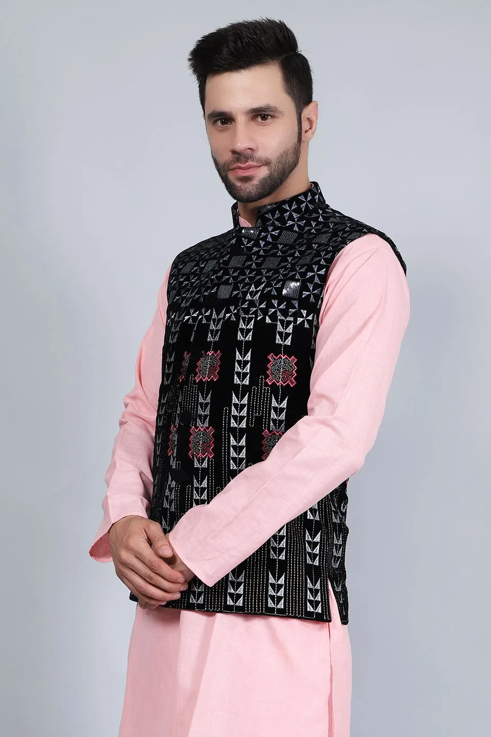 Embroidered Velvet Black Modi Nehru Jacket