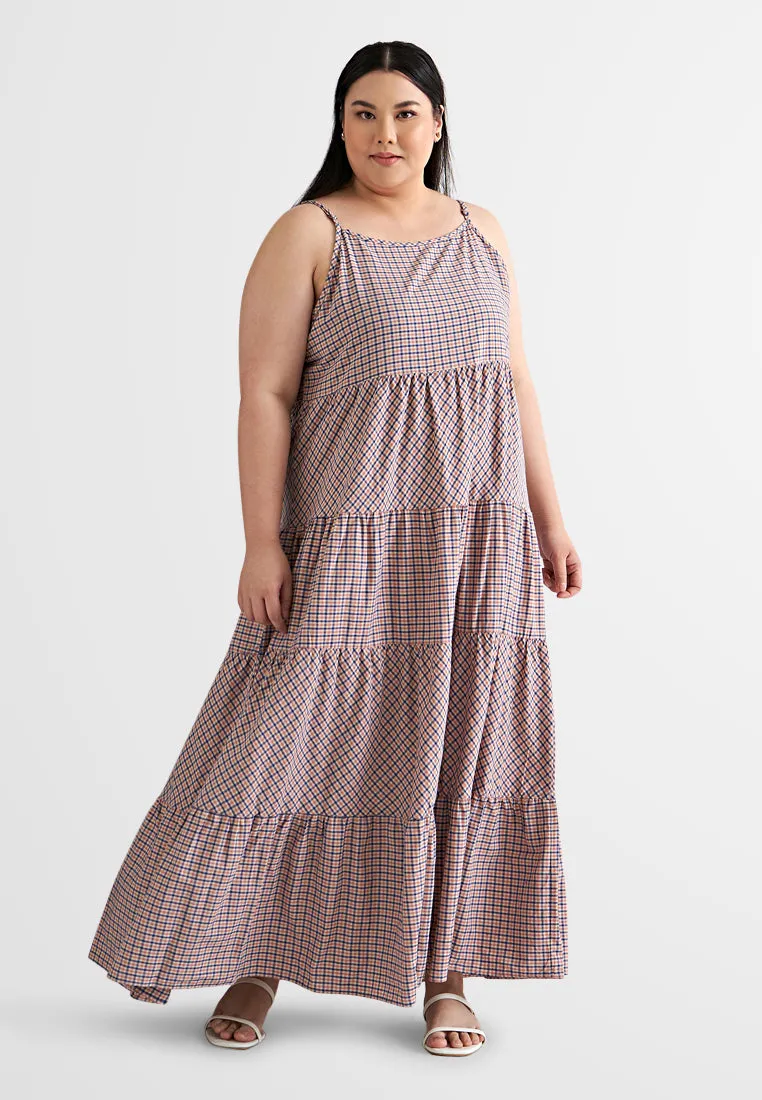 Emelia Adjustable Strap Checkered Long Tiered Dress