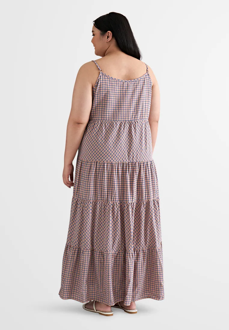 Emelia Adjustable Strap Checkered Long Tiered Dress