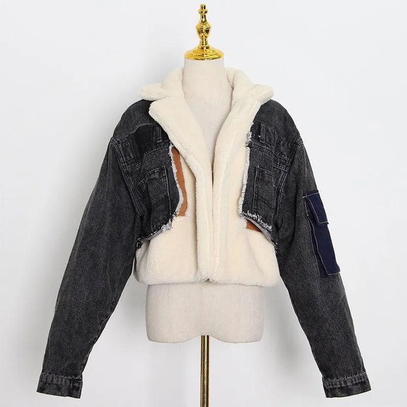 Fashion Stitching Loose Thick Casual Denim Lamb Wool Short Coat