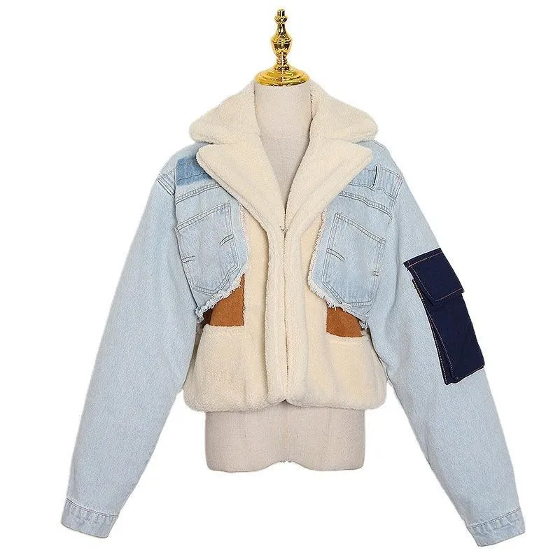 Fashion Stitching Loose Thick Casual Denim Lamb Wool Short Coat