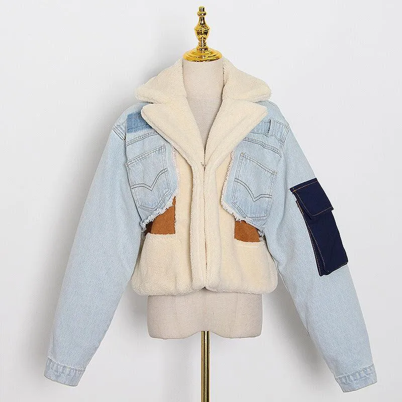 Fashion Stitching Loose Thick Casual Denim Lamb Wool Short Coat