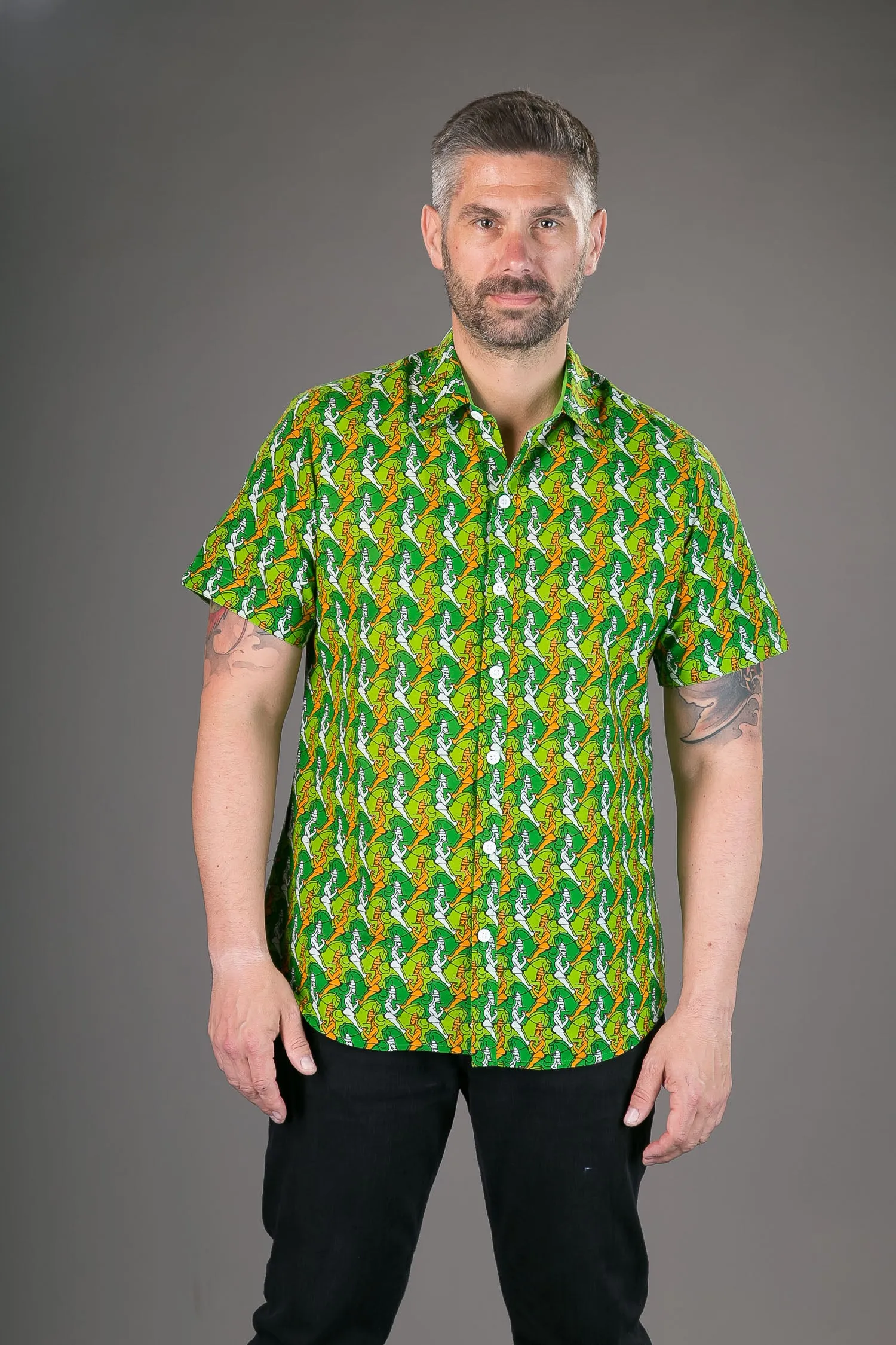 Green Horse Warrior Print Cotton Slim Fit Mens Shirt Short Sleeve