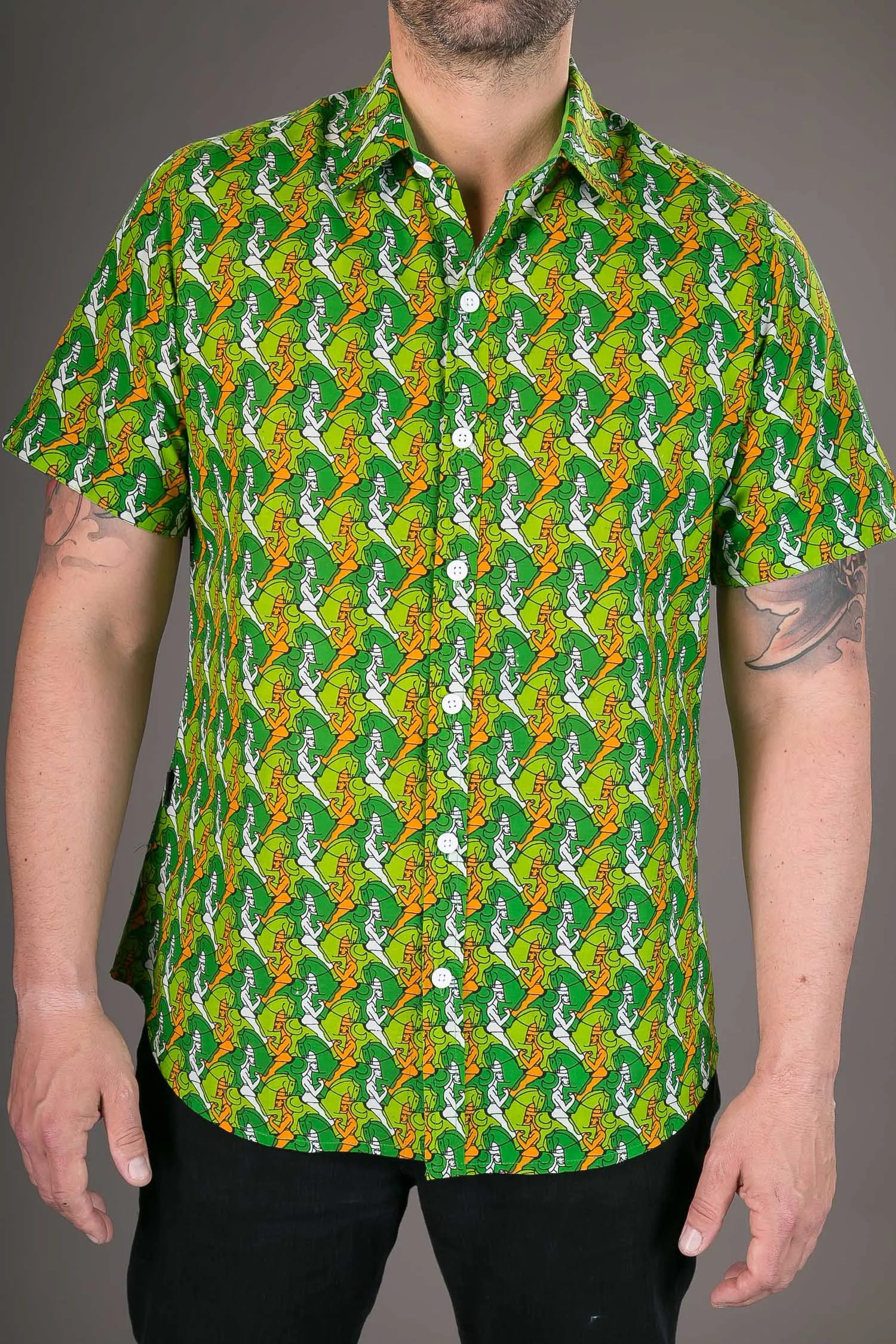 Green Horse Warrior Print Cotton Slim Fit Mens Shirt Short Sleeve