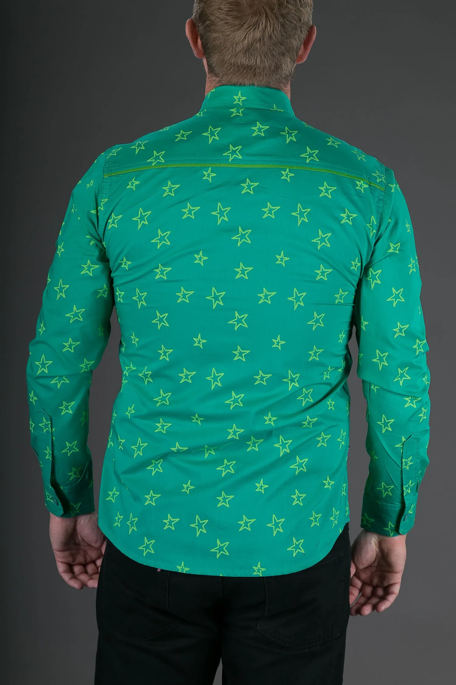 Green Star Print Cotton Slim Fit Mens Shirt Long Sleeve