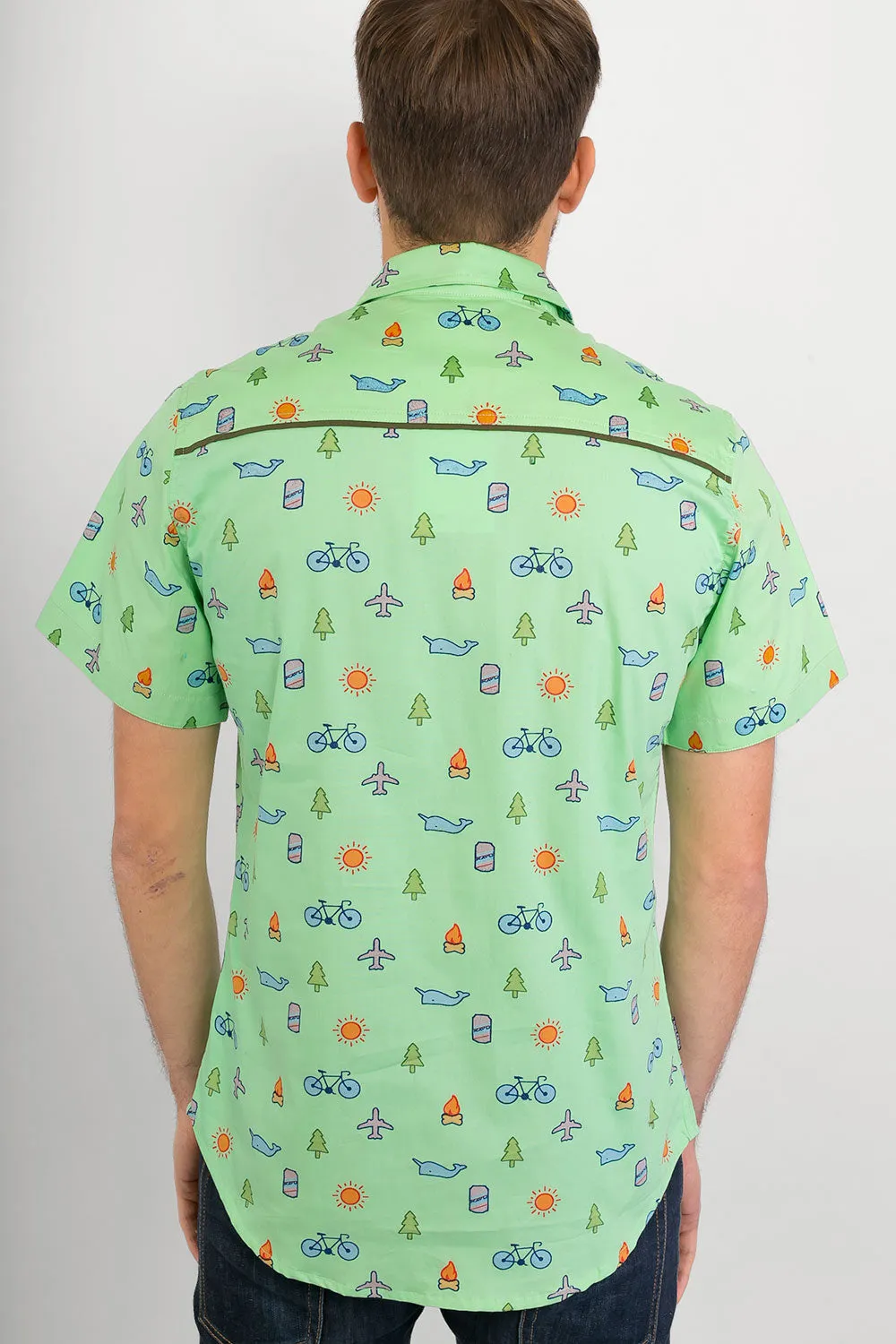 Green Whale Plane Bike Tree Print Cotton Slim Fit Mens Shirt Short Sleeve