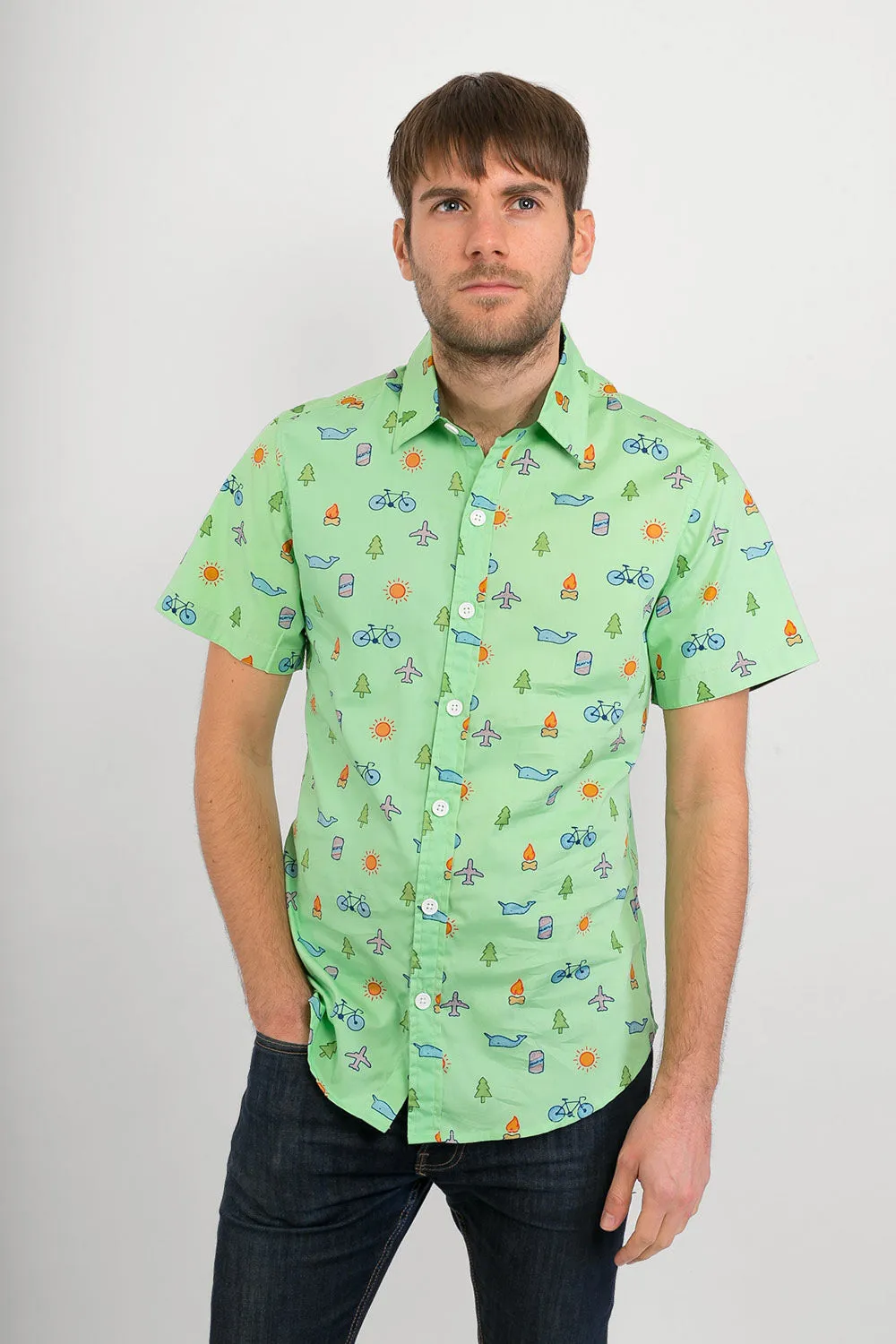 Green Whale Plane Bike Tree Print Cotton Slim Fit Mens Shirt Short Sleeve