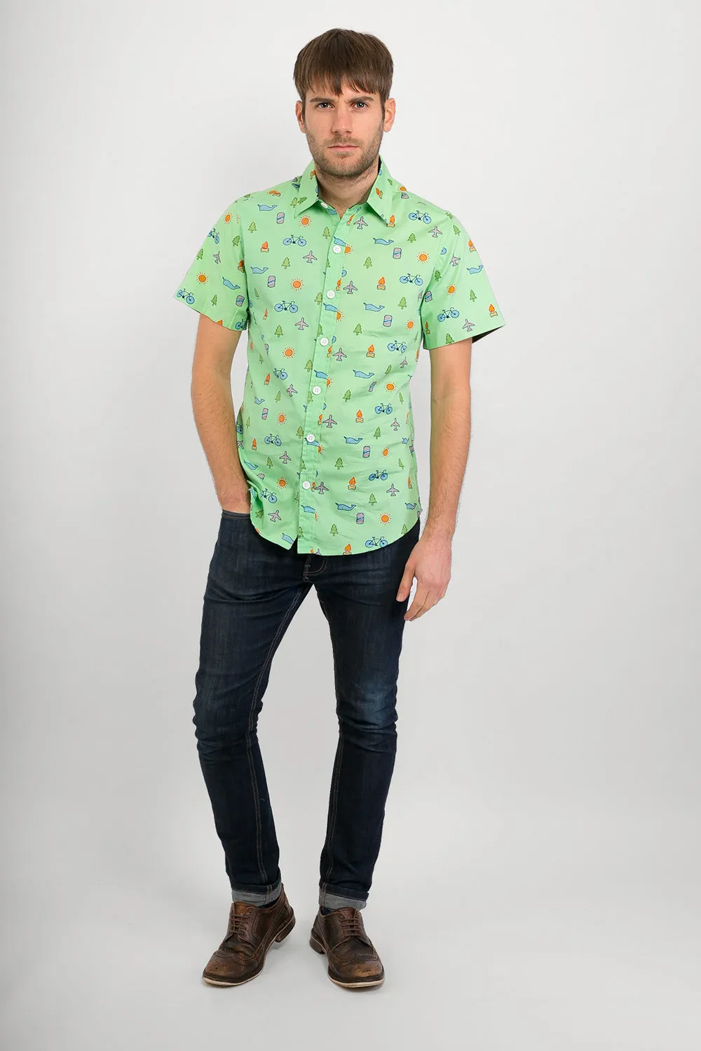 Green Whale Plane Bike Tree Print Cotton Slim Fit Mens Shirt Short Sleeve