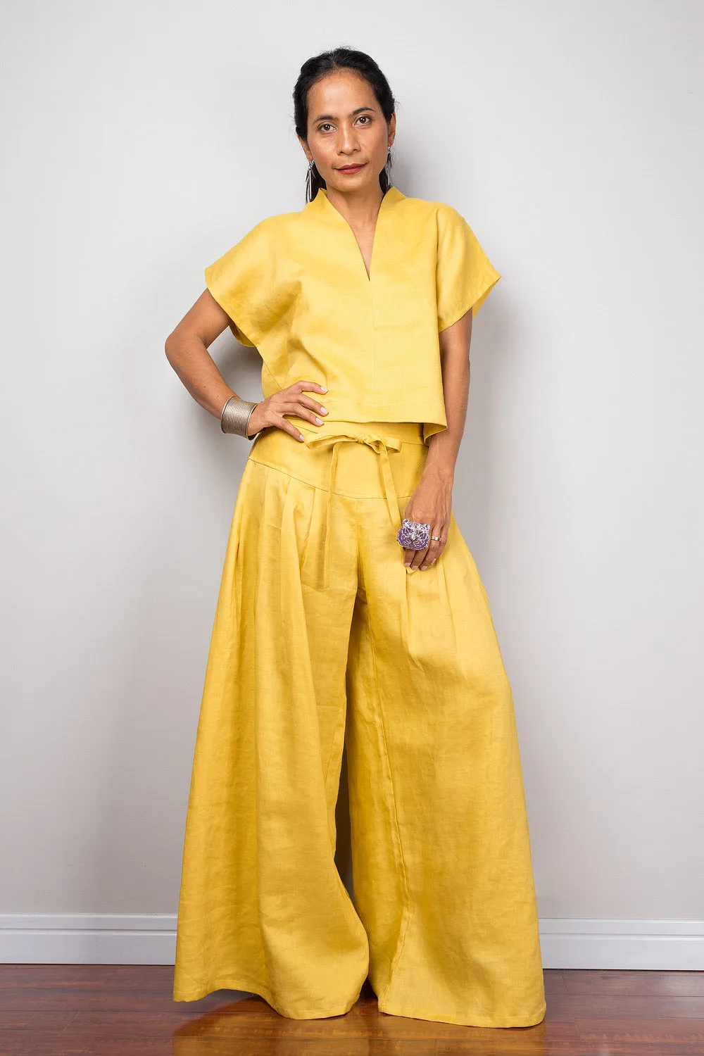 Handmade yellow natural linen long wide leg palazzo pants. Mustard yellow high waist women's summer pants