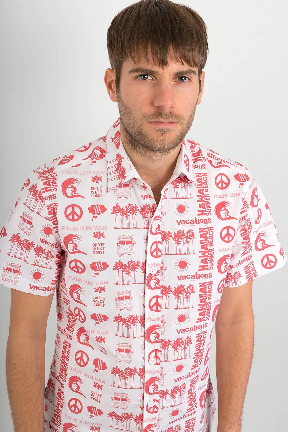 Hawaiian Campervan White Print Cotton Slim-Fit Mens Shirt Short Sleeve