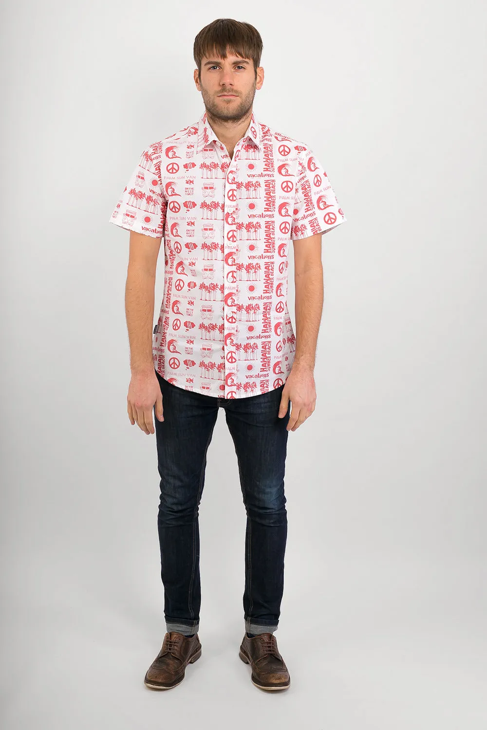 Hawaiian Campervan White Print Cotton Slim-Fit Mens Shirt Short Sleeve