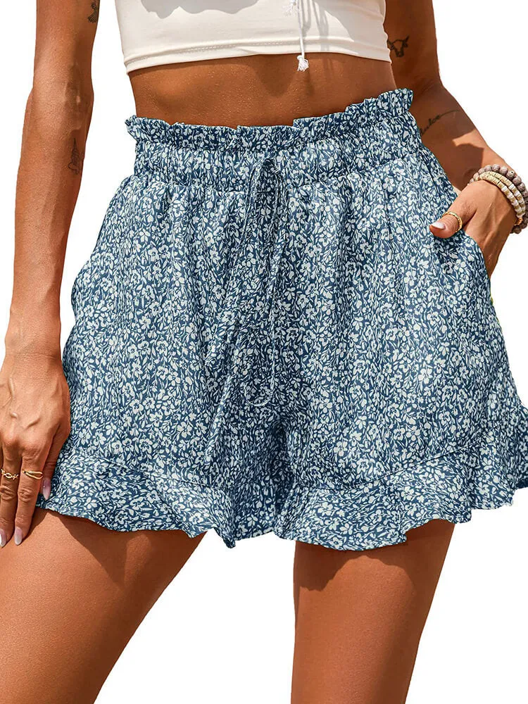 High Waist Floral Print Drawstring Shorts