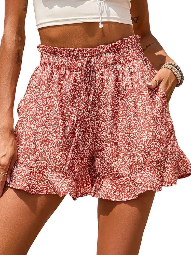 High Waist Floral Print Drawstring Shorts