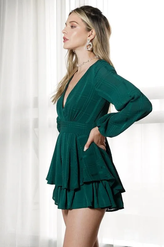 Hunter Green Long Sleeve Tiered Mini Romper