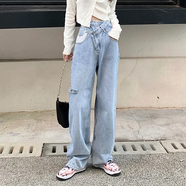 Irregular High Waist Ripped Wide-Leg Jeans