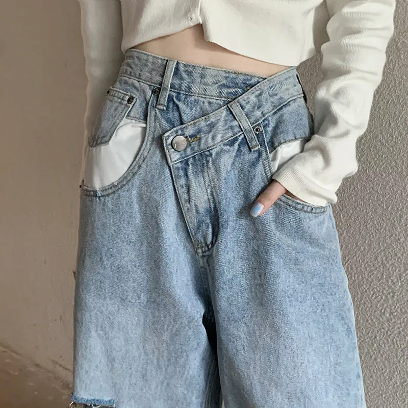 Irregular High Waist Ripped Wide-Leg Jeans