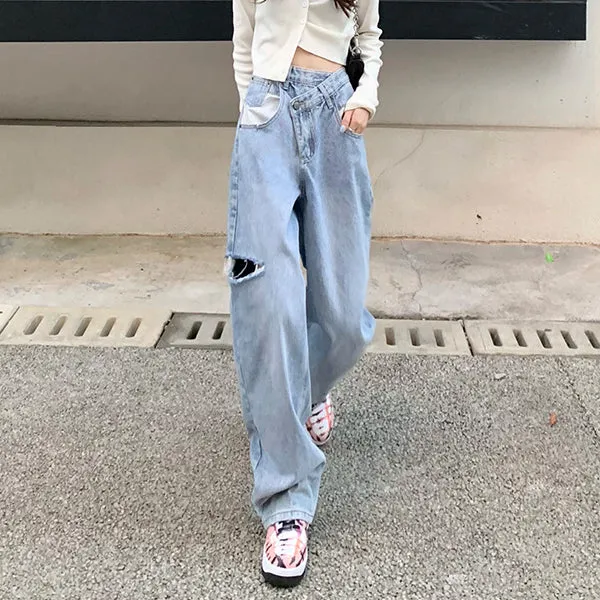 Irregular High Waist Ripped Wide-Leg Jeans