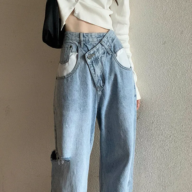 Irregular High Waist Ripped Wide-Leg Jeans