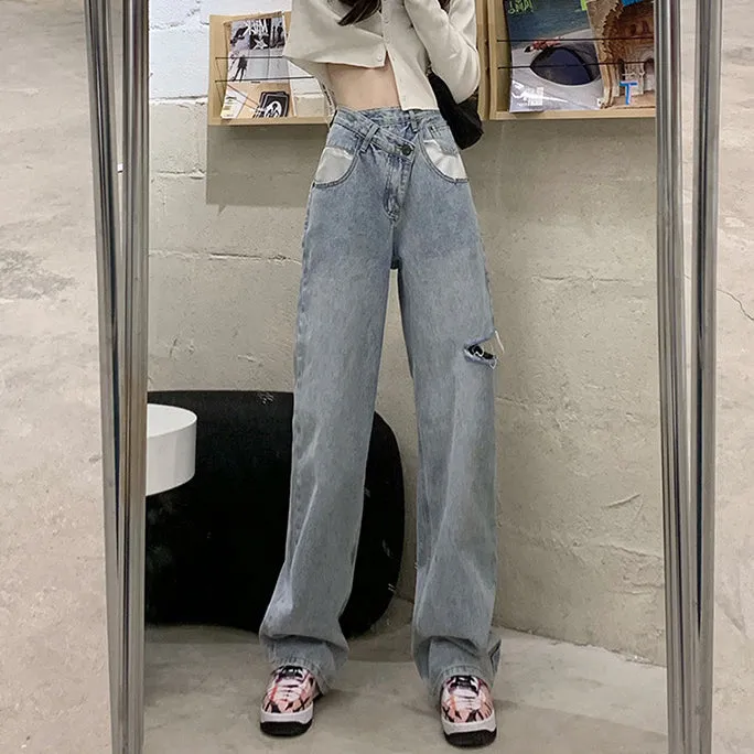 Irregular High Waist Ripped Wide-Leg Jeans