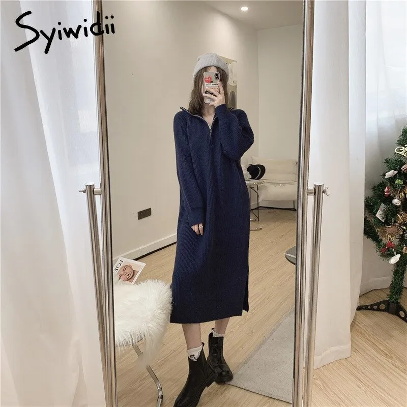 Joskaa Autumn Winter Midi Dress Woman 2024 Warm Turtleneck Thicken Vintage Long Oversize Sweaters Dresses Casual Knitted Dress