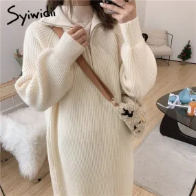 Joskaa Autumn Winter Midi Dress Woman 2024 Warm Turtleneck Thicken Vintage Long Oversize Sweaters Dresses Casual Knitted Dress