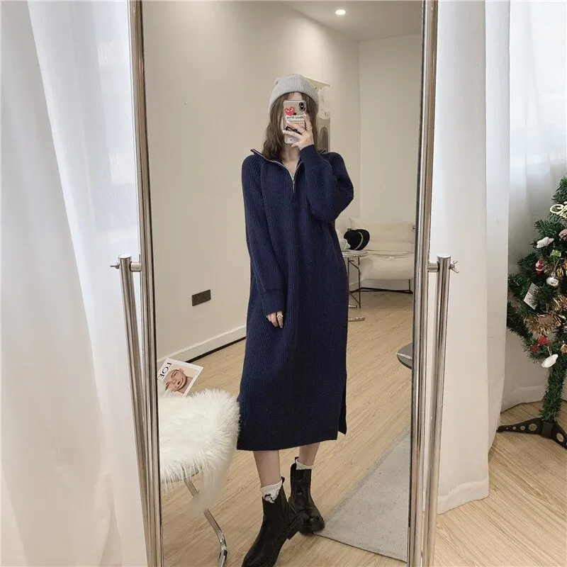 Joskaa Autumn Winter Midi Dress Woman 2024 Warm Turtleneck Thicken Vintage Long Oversize Sweaters Dresses Casual Knitted Dress