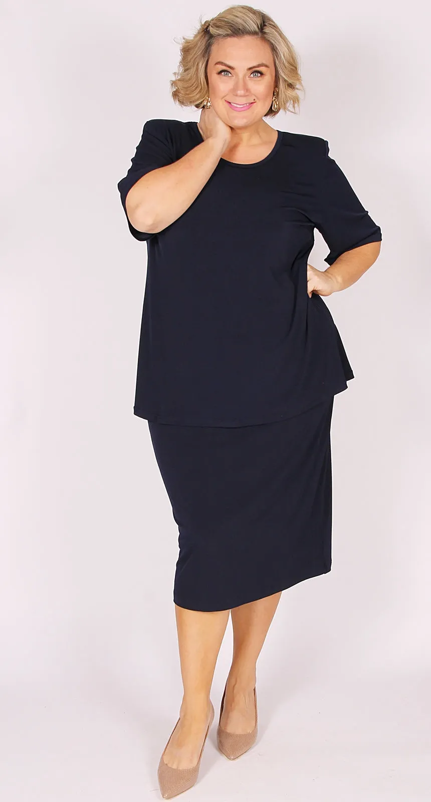 Lagos Mid-Length Knit Straight Skirt Navy