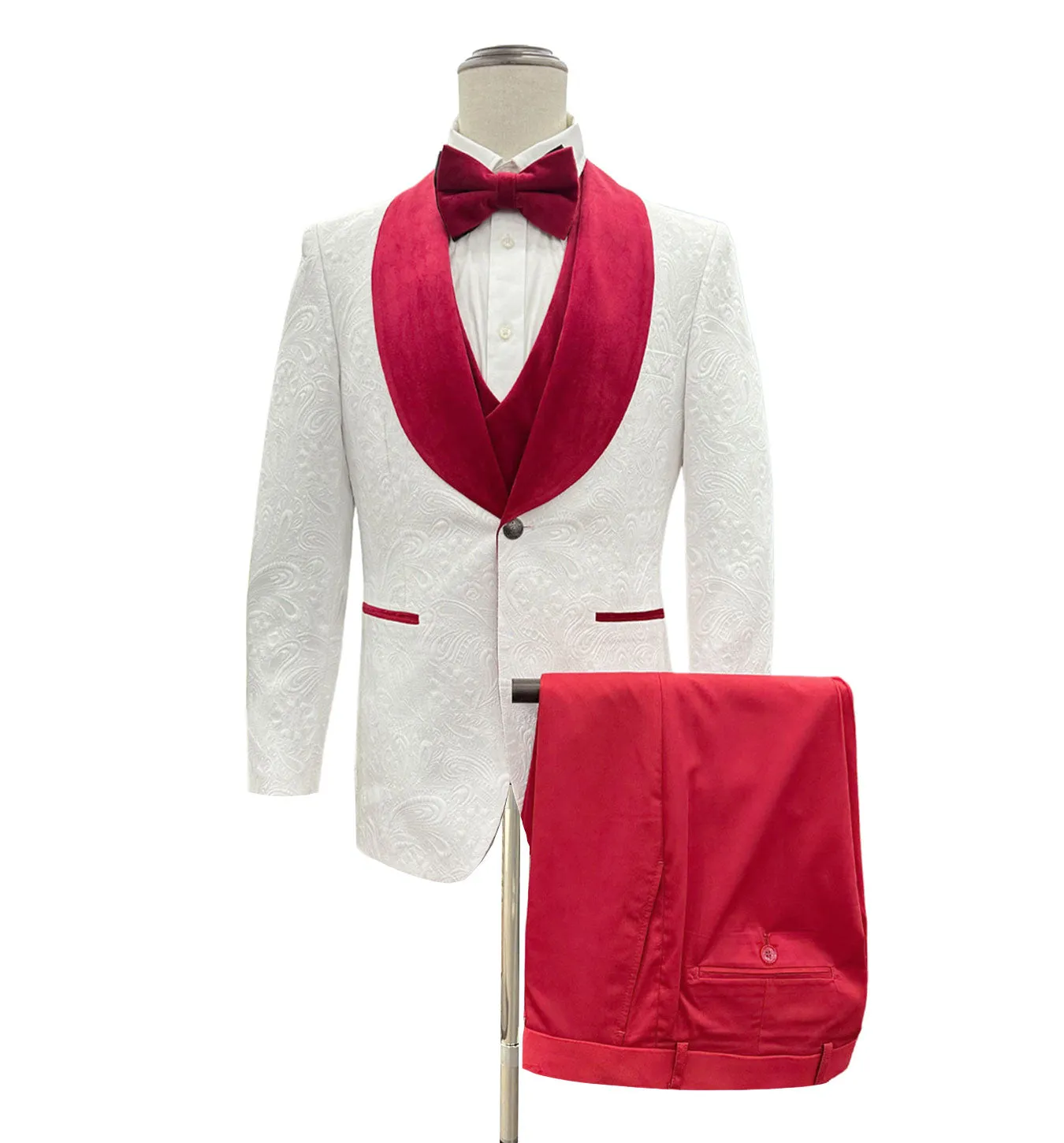 Mazari Met Vested Modern Fit 4 Pc Tuxedo Suit - White Red