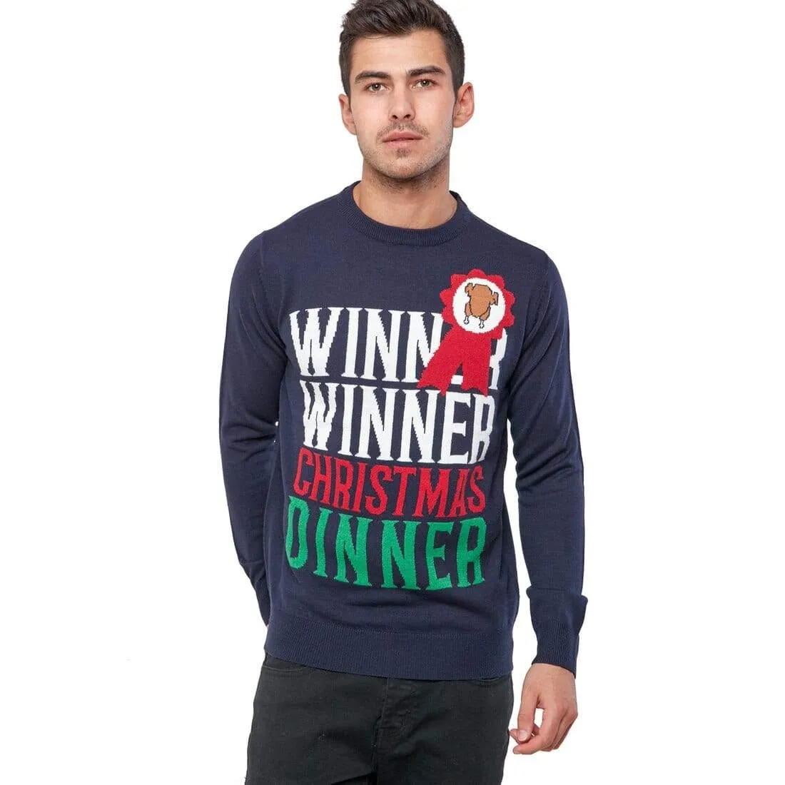 Mens Christmas Jumper Winner Xmas Dinner Slogan Navy Turkey