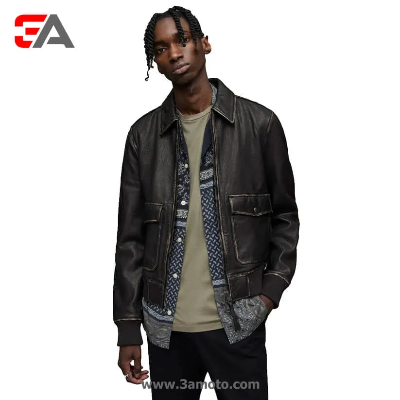 Men's Distressed Black Leather Bomber Harrington Jacket