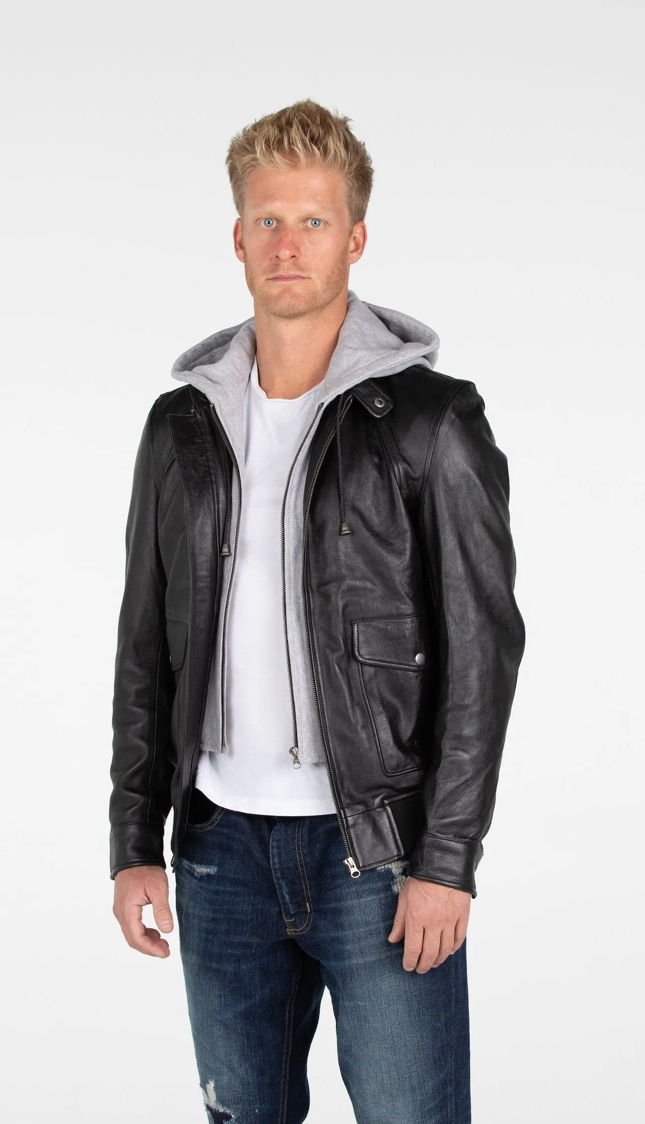 Men's Lambskin Hooded Leather Bomber Jacket