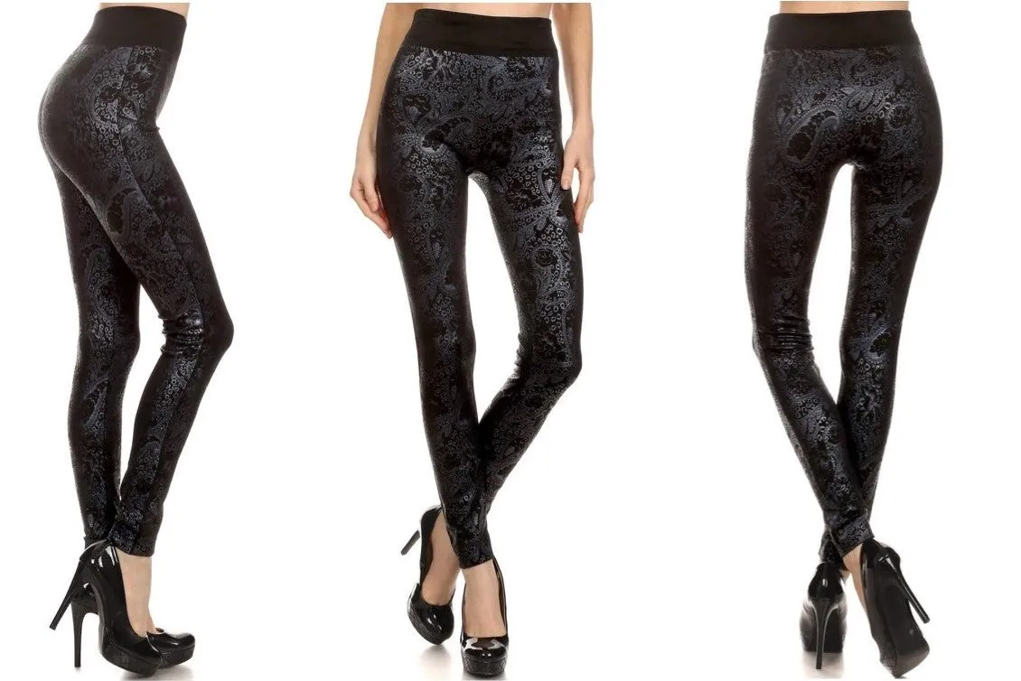 Metallic High Waist Leggings (Silver Paisley)