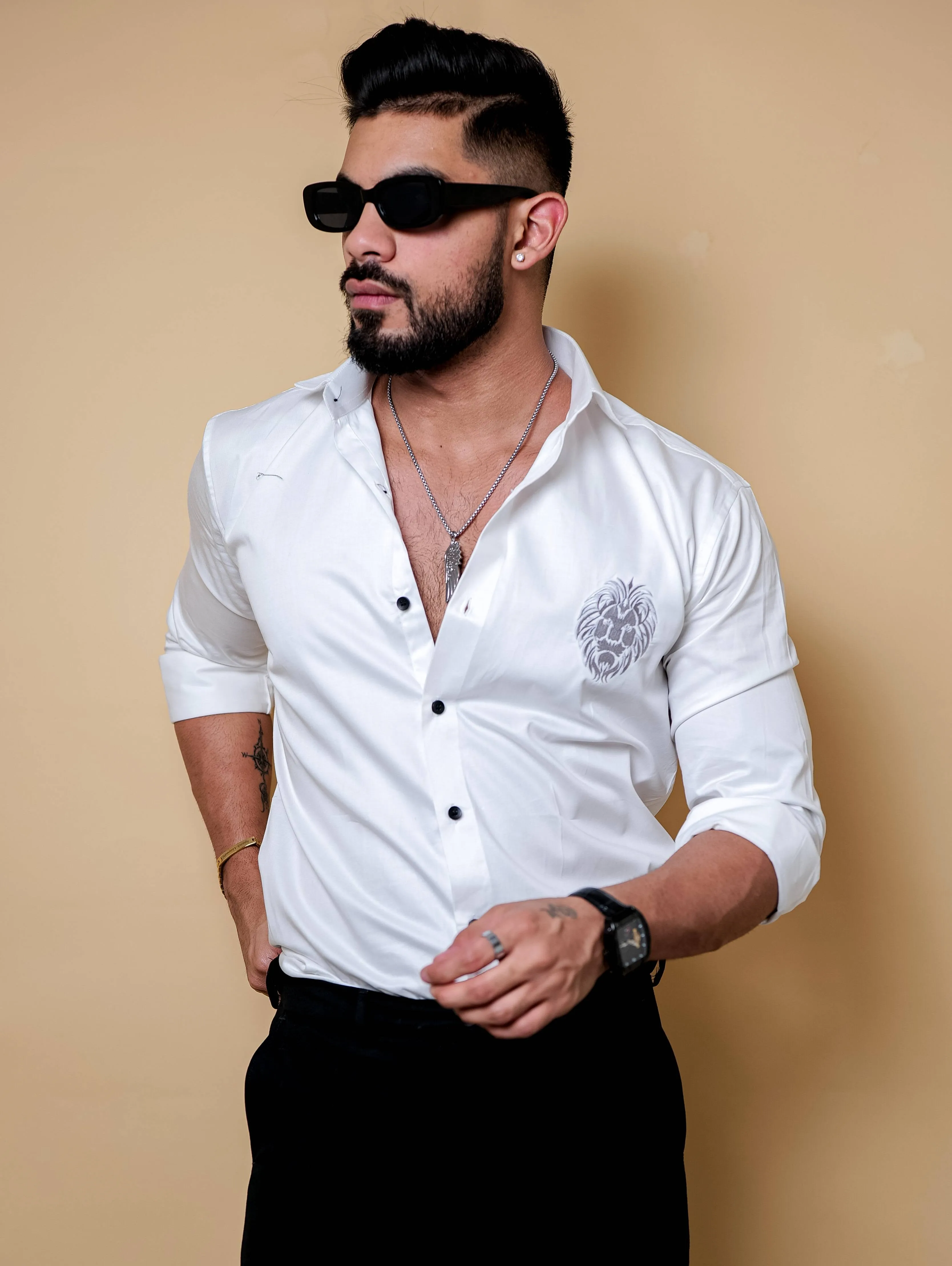 Mufasa Embroidered White Luxury Cotton Shirt