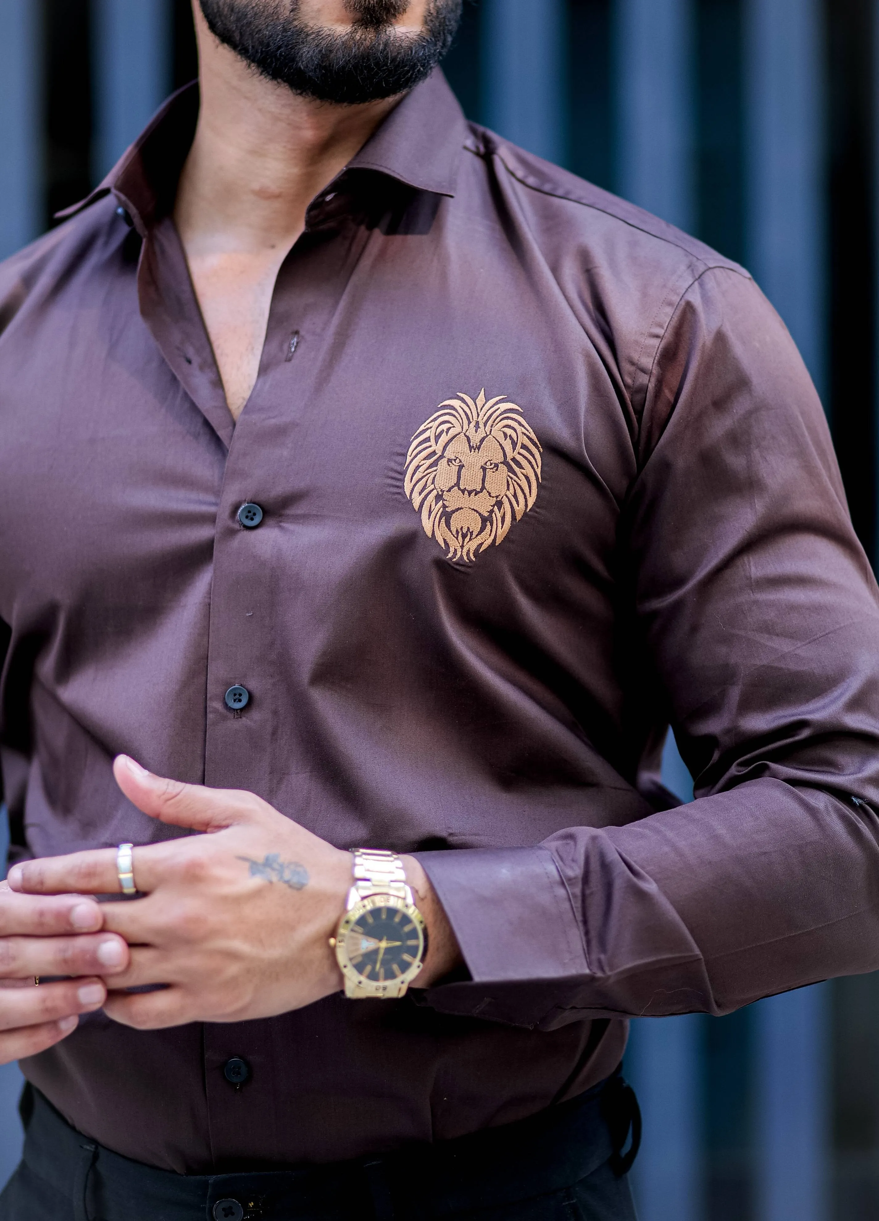 Mufasa Golden Embroidered Brown Premium Shirt For Men