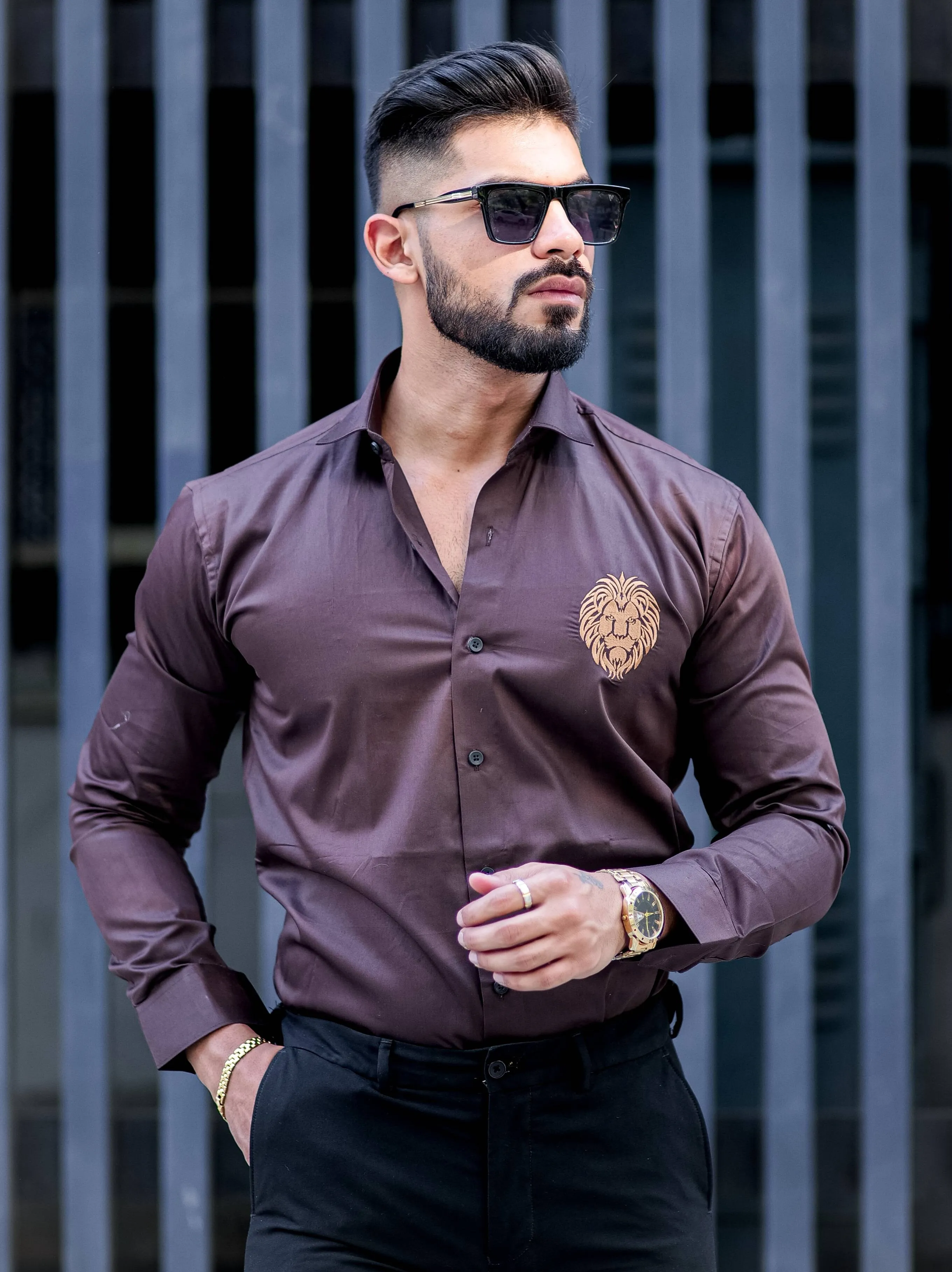 Mufasa Golden Embroidered Brown Premium Shirt For Men