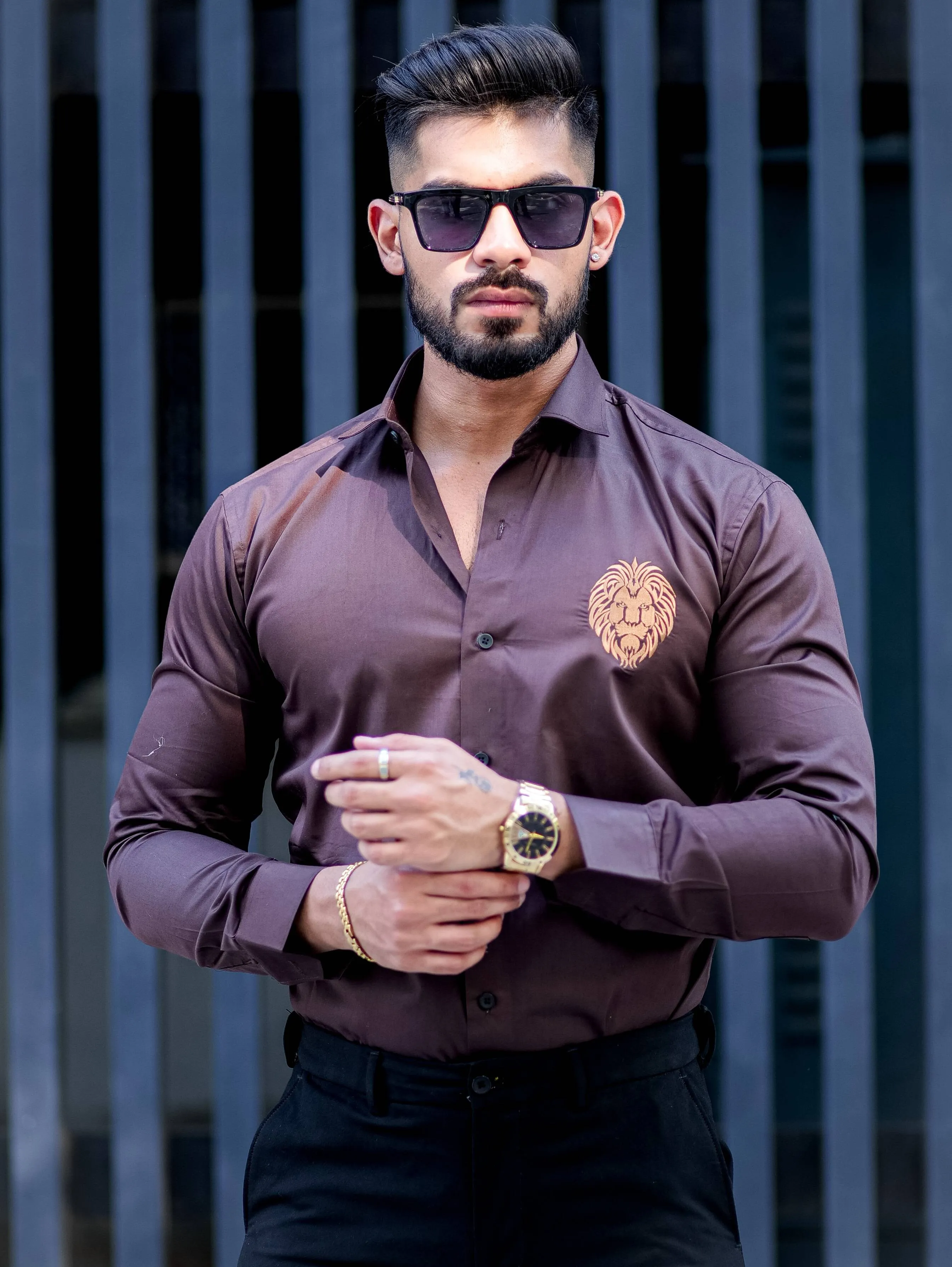 Mufasa Golden Embroidered Brown Premium Shirt For Men