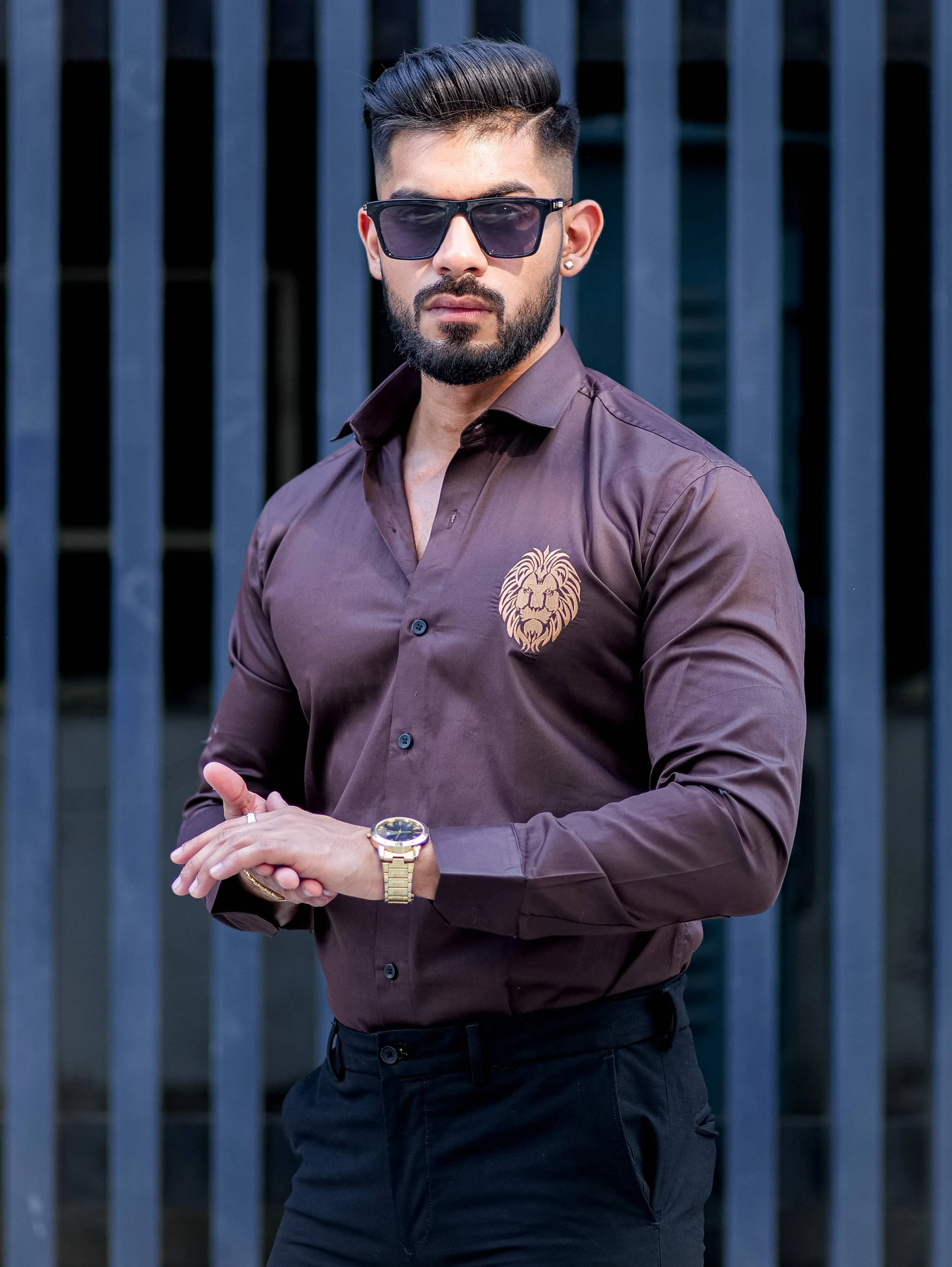 Mufasa Golden Embroidered Brown Premium Shirt For Men