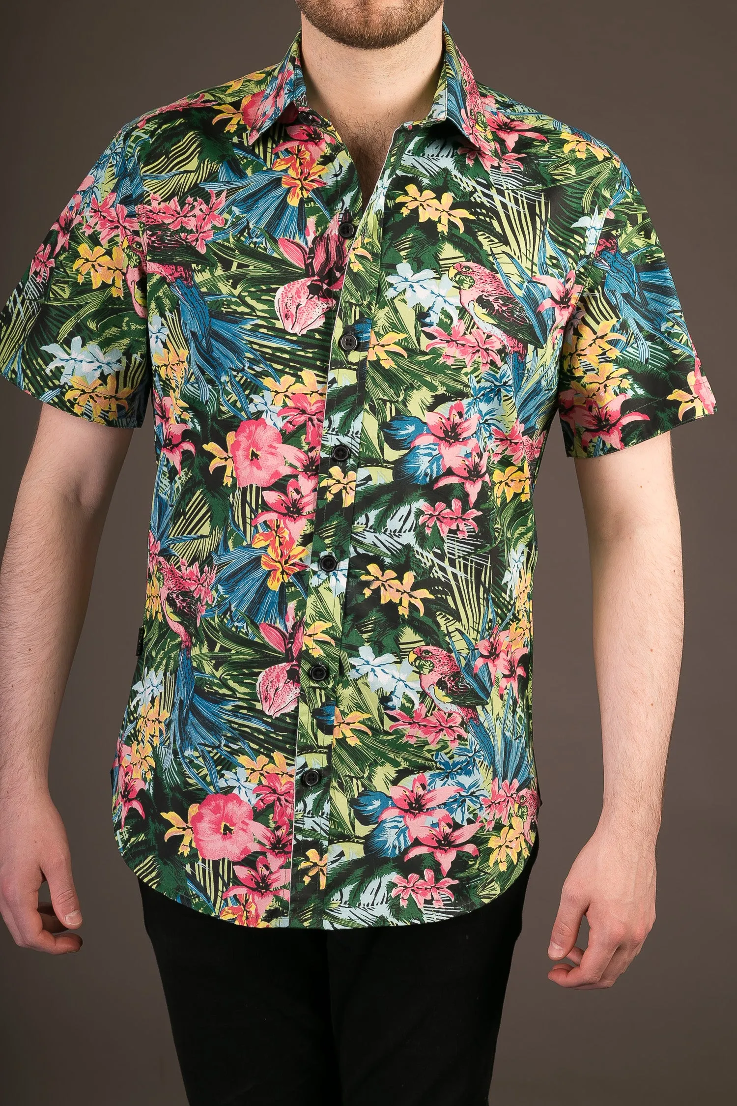 Multi Colour Jungle Print Cotton Slim Fit Mens Shirt Short Sleeve