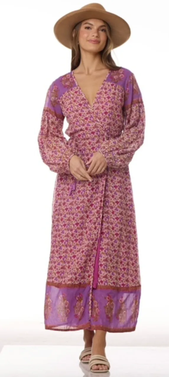 Naomi Printed Maxi Wrap Dress Long Sleeves Pink